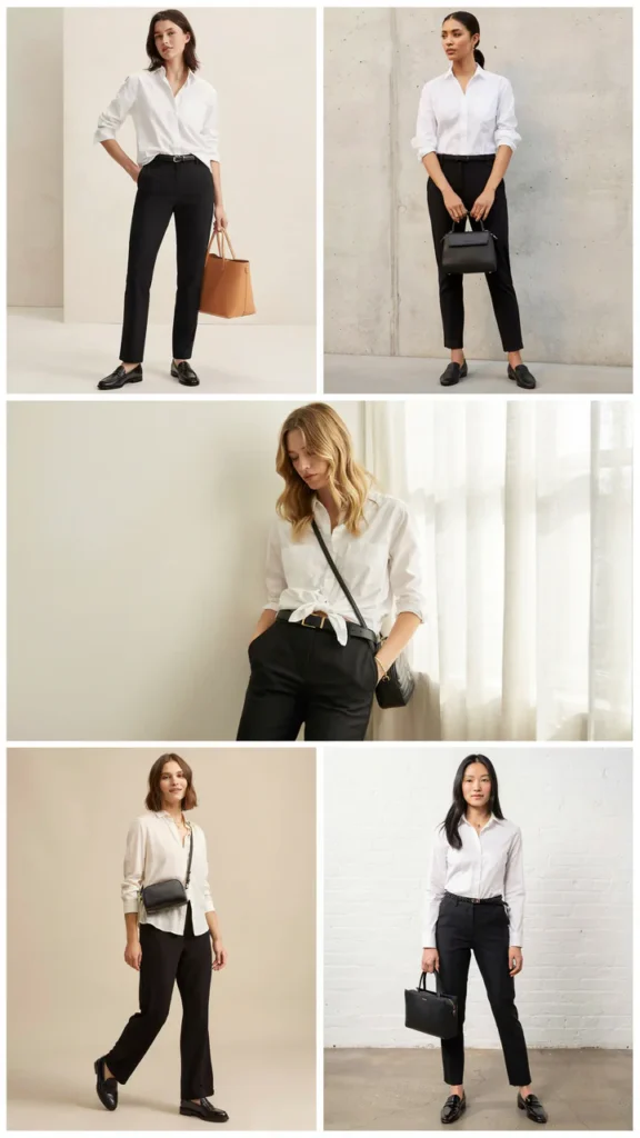 White Button-Down Shirt with Black Straight Pants