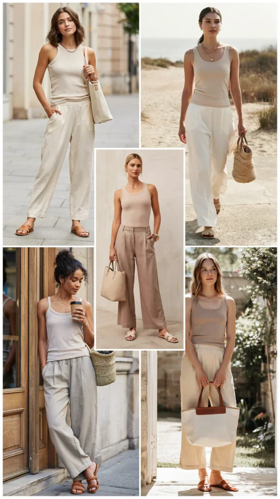 Neutral Tank with Linen Wide-Leg Trousers