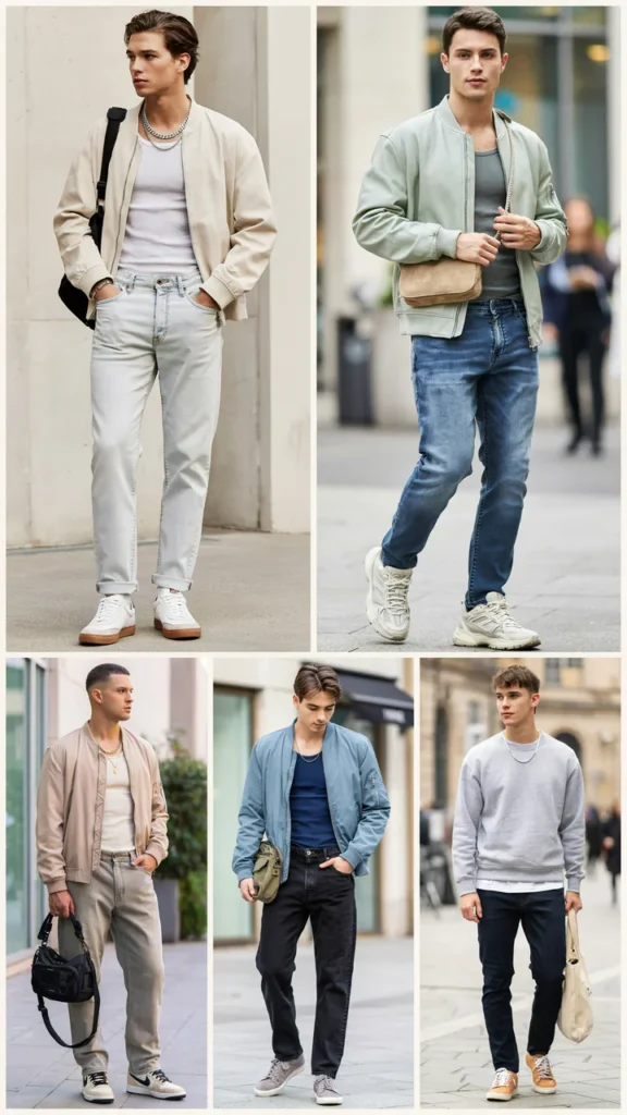 Light Bomber Jacket with Tank Top and Jeans