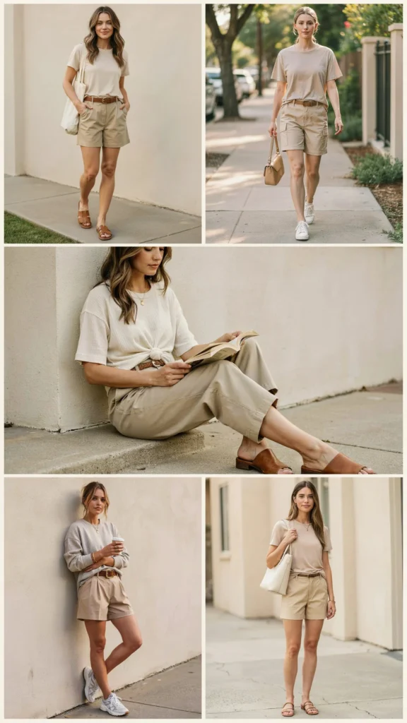 Neutral T-Shirt with Khaki Shorts