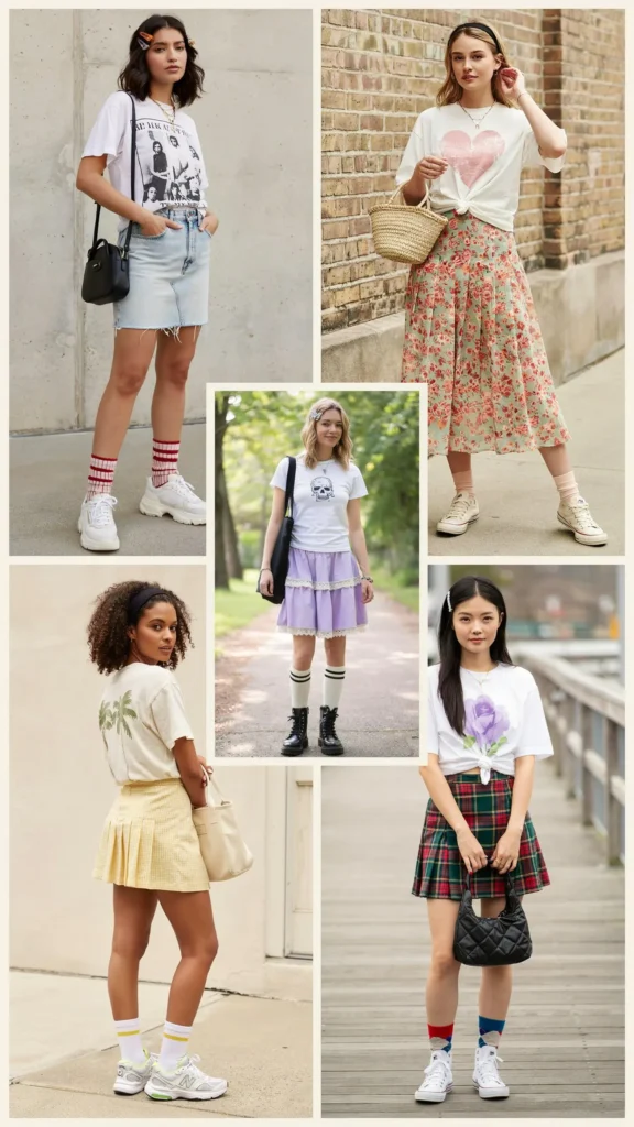 White Graphic Tee with Colorful Skirt