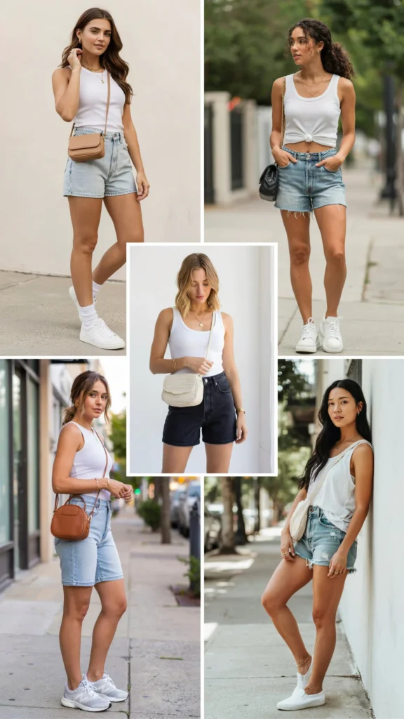 White Tank Top with Denim Shorts