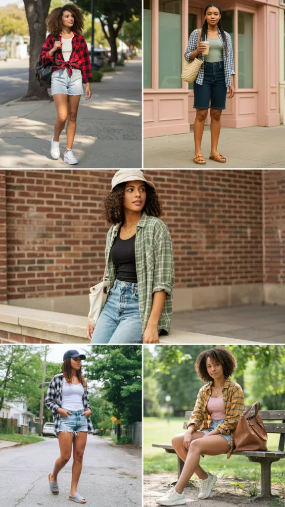Plaid Shirt with Tank Top and Shorts
