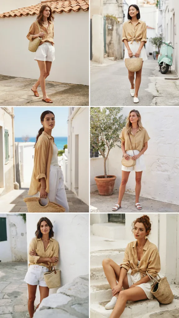 Gold Linen Shirt with White Shorts