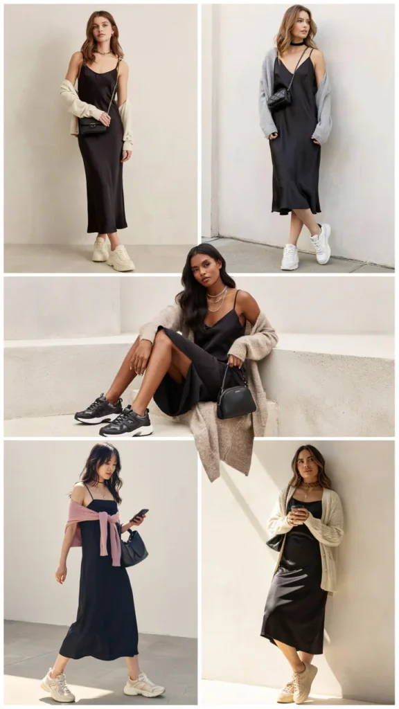 Black Slip Dress with Chunky Sneakers