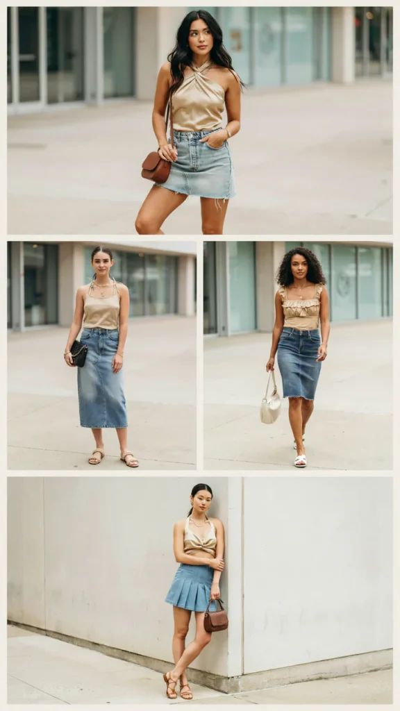 Gold Halter Top with Denim Skirt