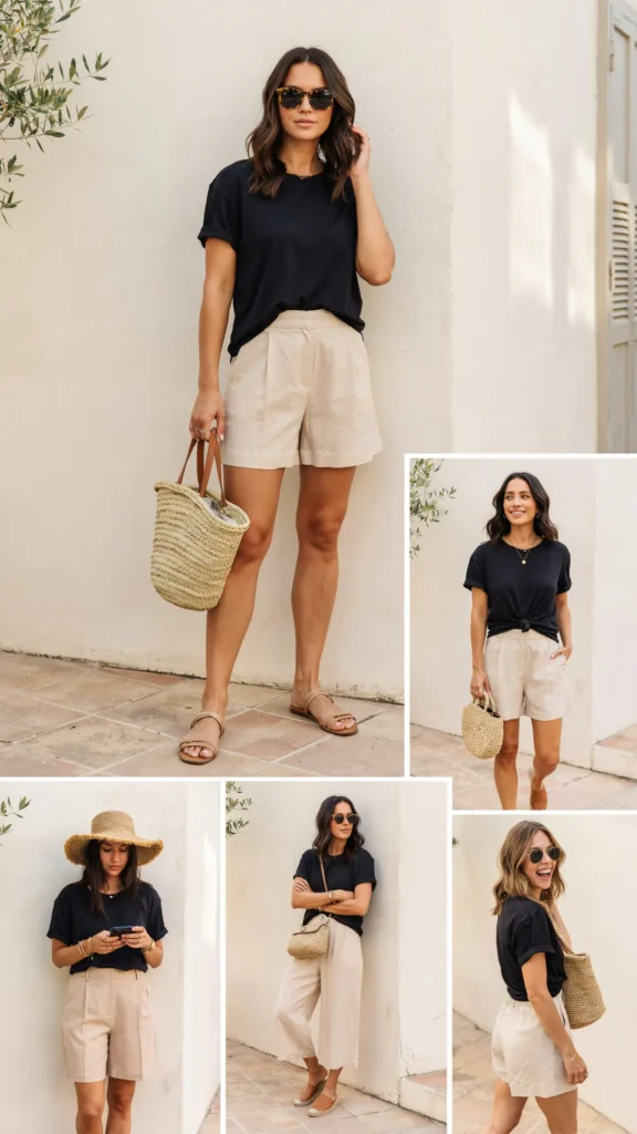 Black T-Shirt with Beige Linen Shorts