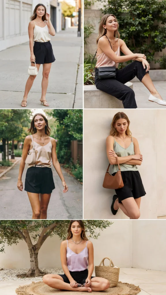 Satin Cami with Black Shorts