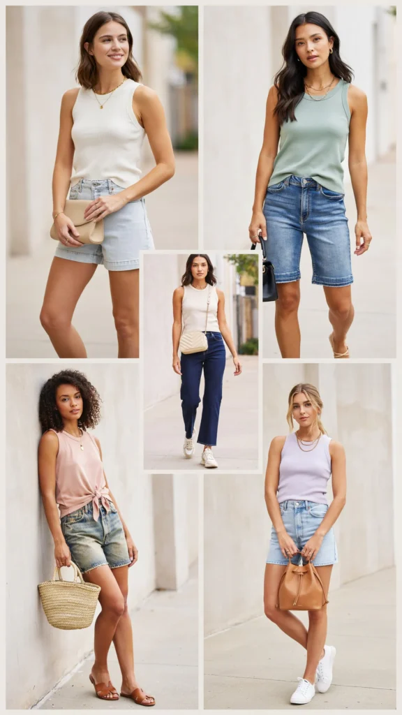 Sleeveless Knit Top with Denim Shorts