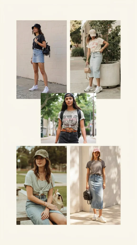 Baseball Tee with Denim Skirt