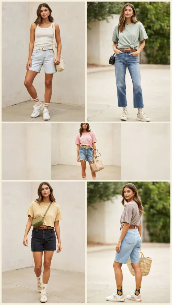 Simple Tee with Denim Shorts and Sneakers