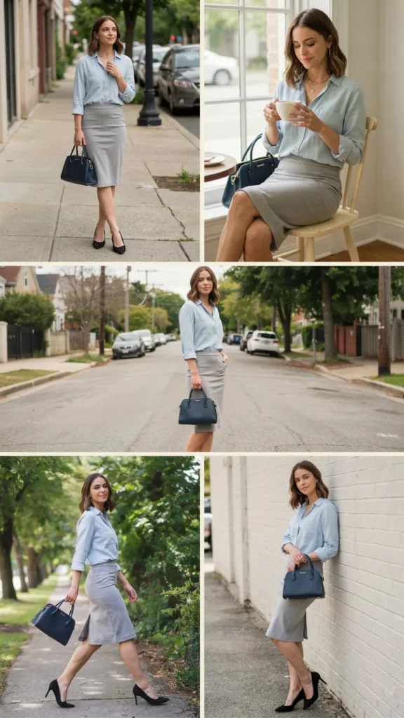 Light Blue Shirt with a Gray Pencil Skirt