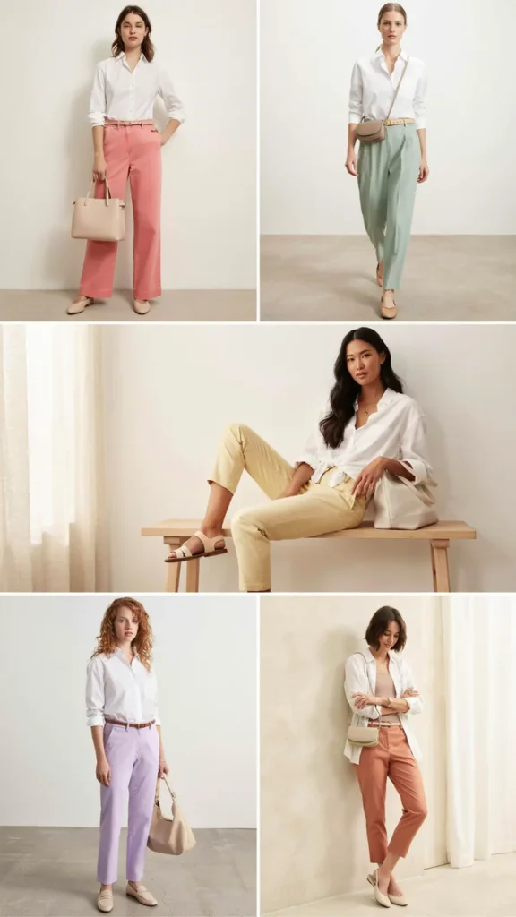 White Button-Down Shirt with Colorful Trousers