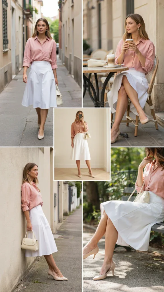  Soft Pink Shirt with a White A-Line Skirt