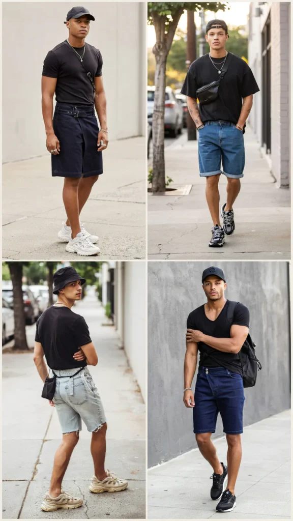 Black T-Shirt with Denim Skirt-Inspired Shorts