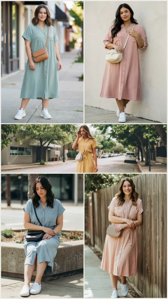 Button-Front Midi Dress with Sneakers