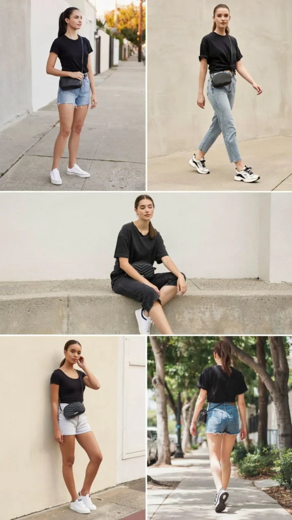 Simple Black Tee with Denim Shorts