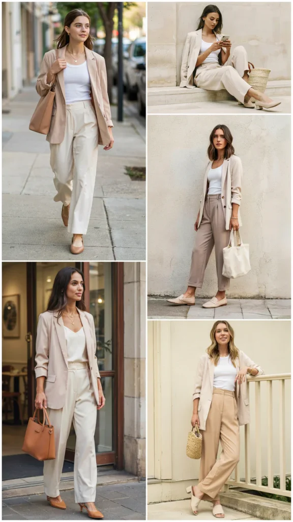 Soft Blazer with a White Tank Top and Wide-Leg Pants