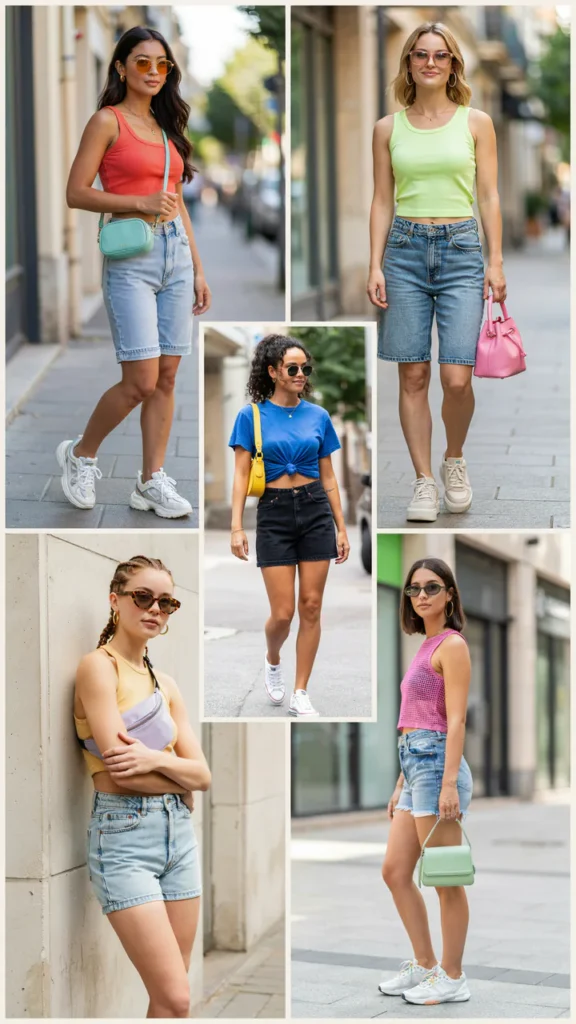 Bright Crop Top with Denim Bermuda Shorts