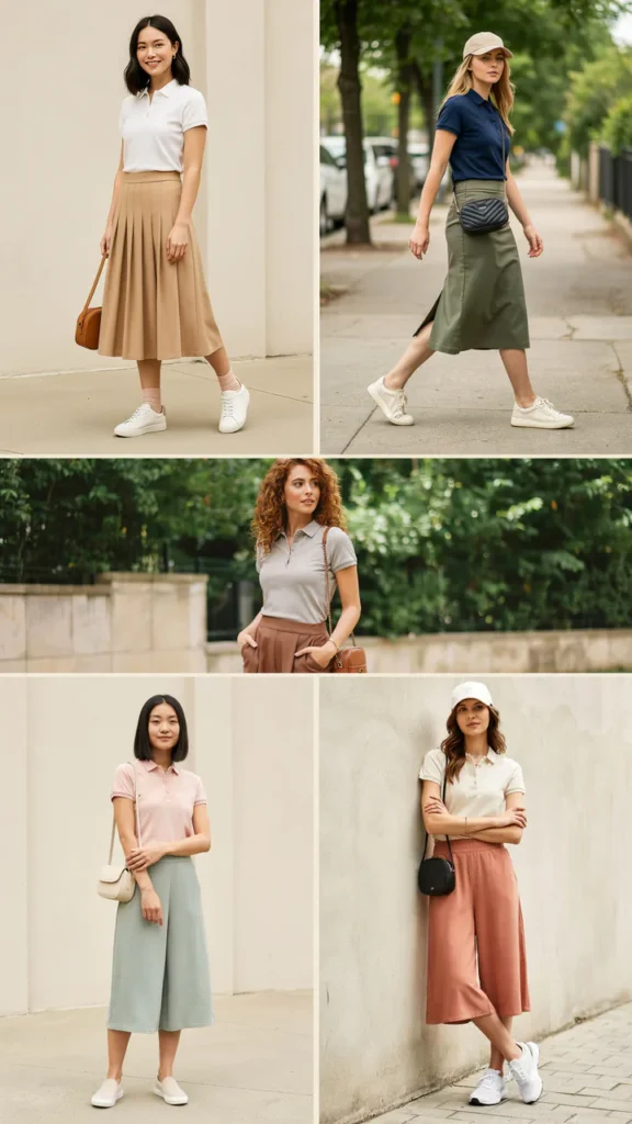 Sporty Polo Shirt with Midi Skirt