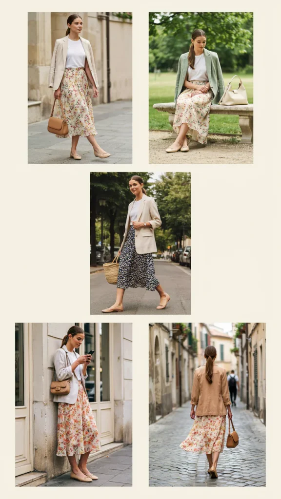 Midi Skirt with a Fitted T-Shirt and Blazer