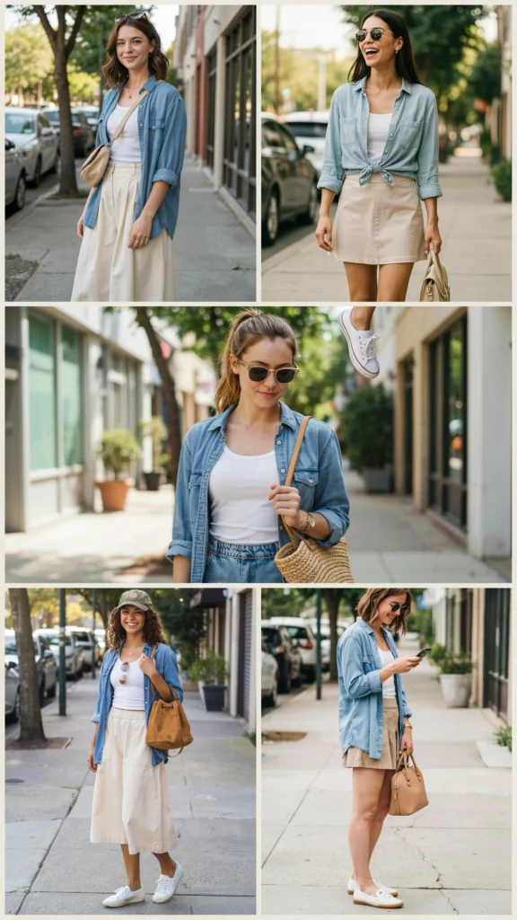 27. Chambray Shirt with White Tank and Skirt