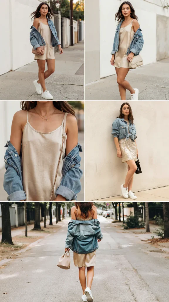 Gold Mini Dress with Sneakers