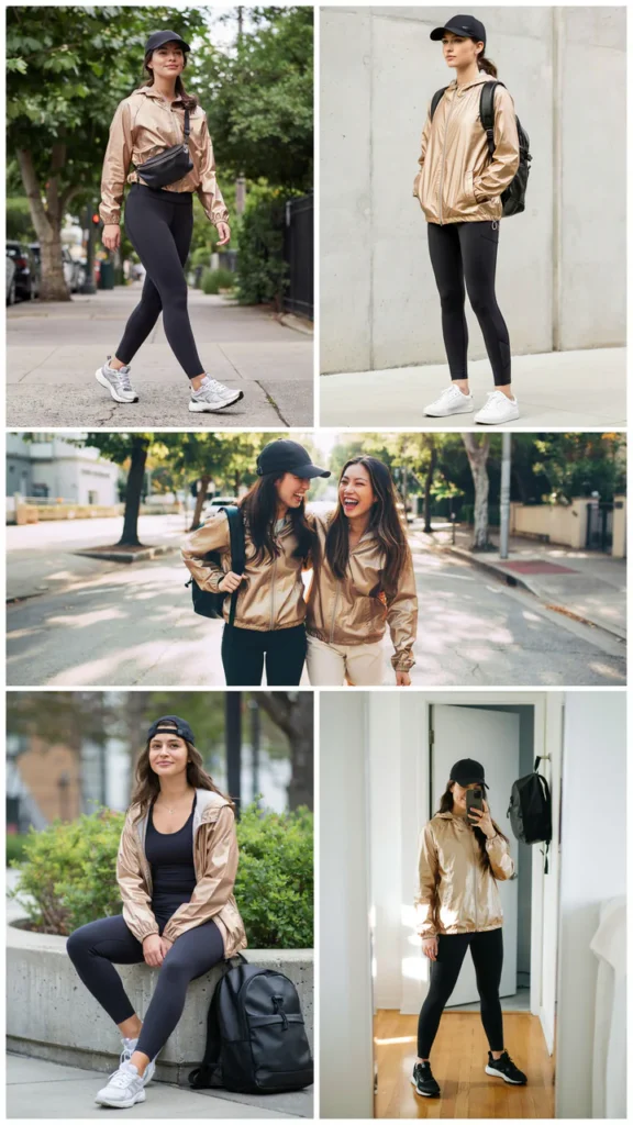 Gold Windbreaker with Black Leggings