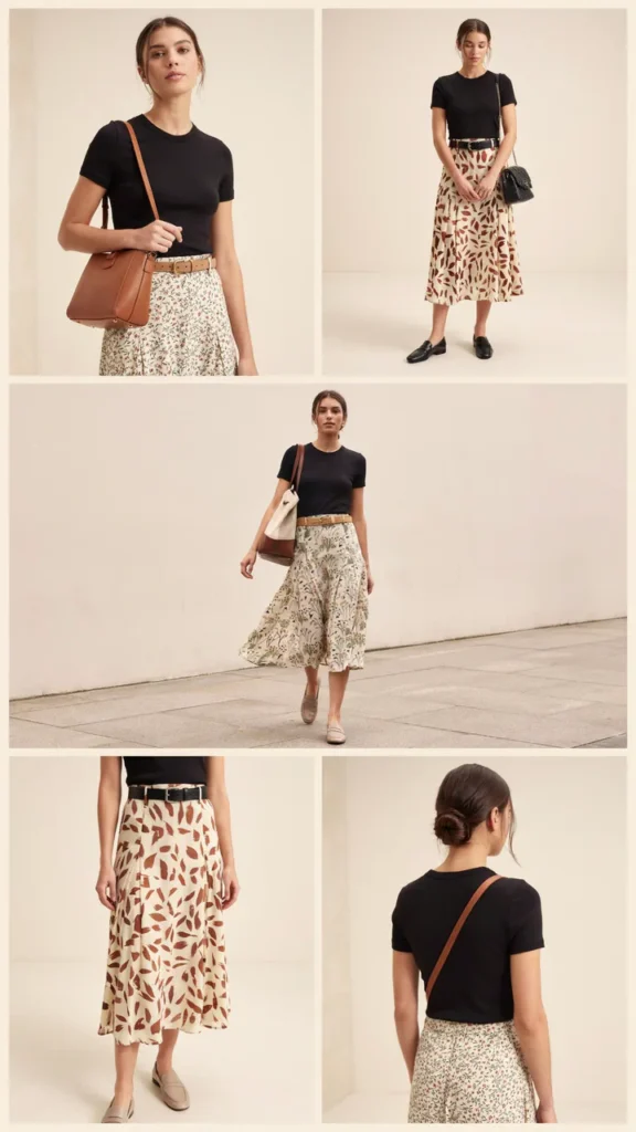 Black T-Shirt with Printed Skirt and Loafers