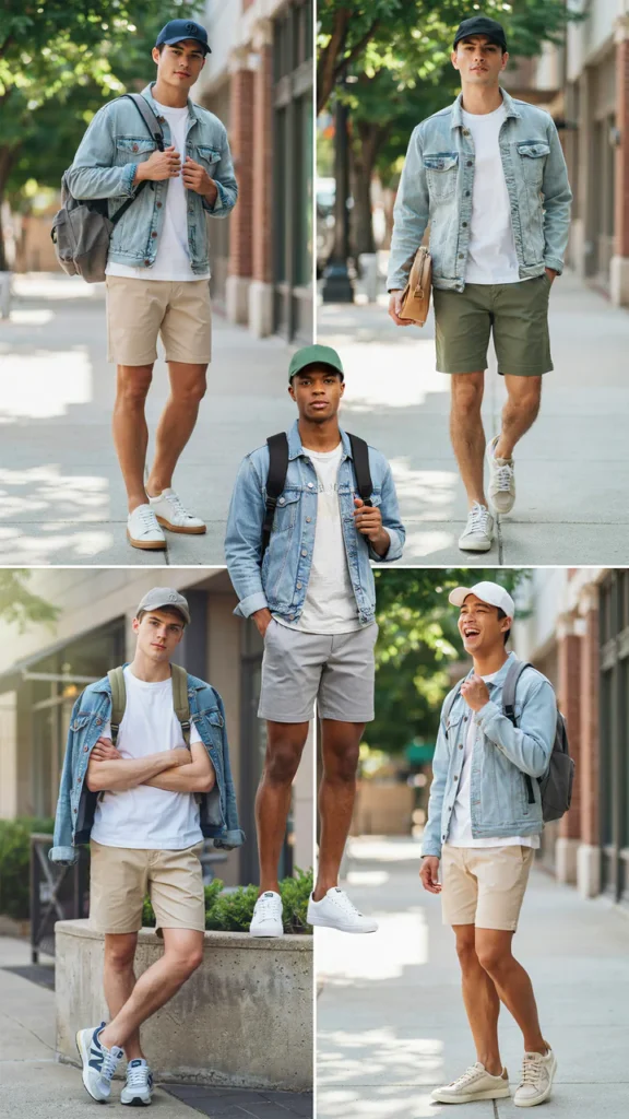 Light Denim Jacket with White Tee and Shorts