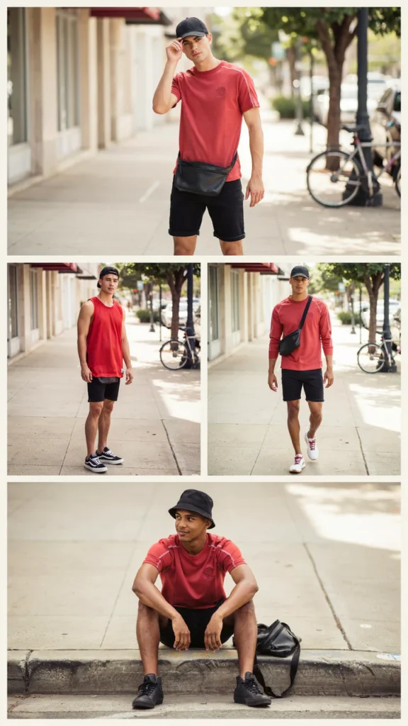 Red Jersey with Black Denim Shorts