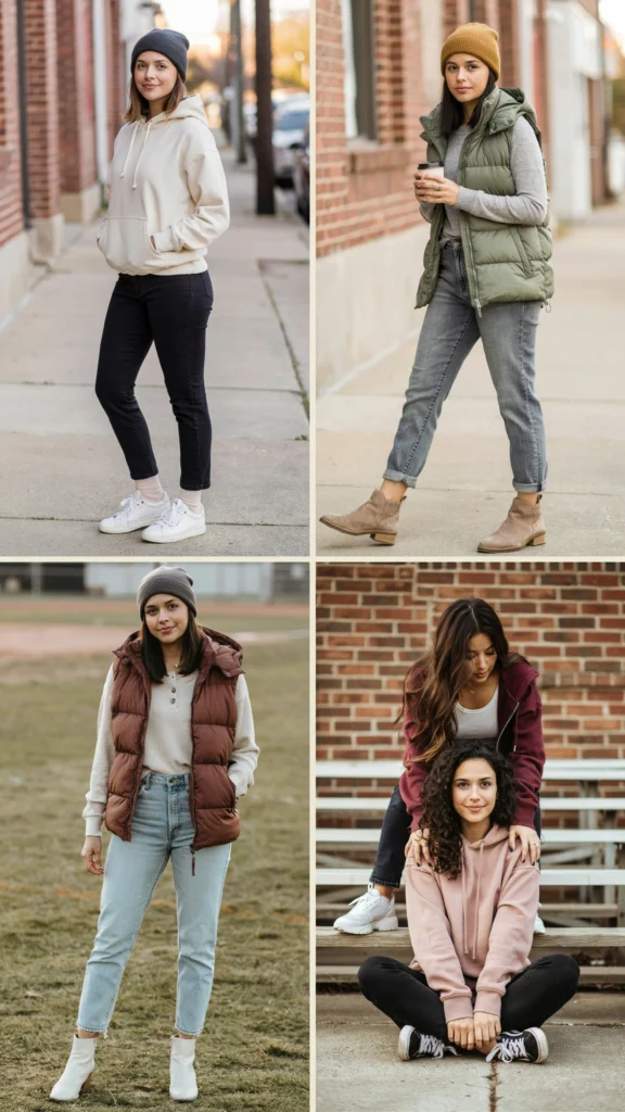 3. Hoodie with Puffer Vest and Skinny Jeans