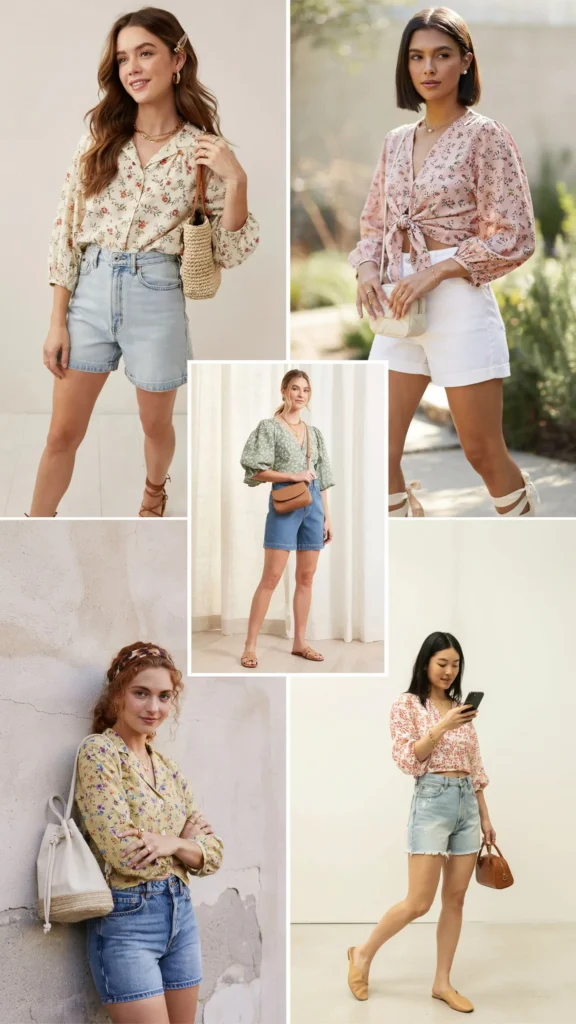 Floral Blouse with Denim Shorts