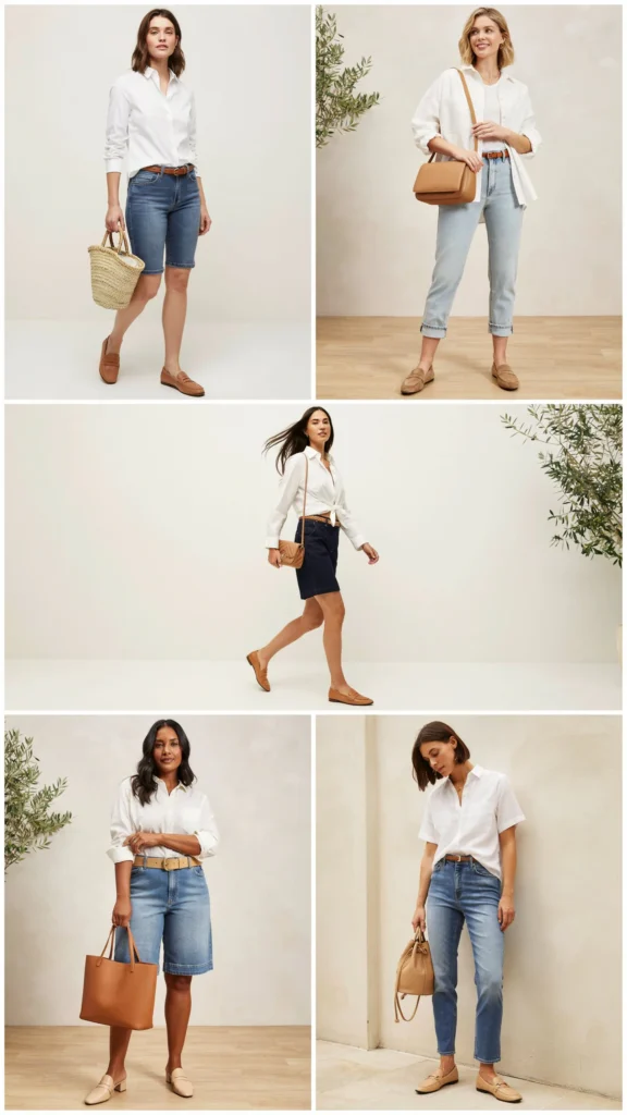 White Shirt with Denim Bermuda Shorts