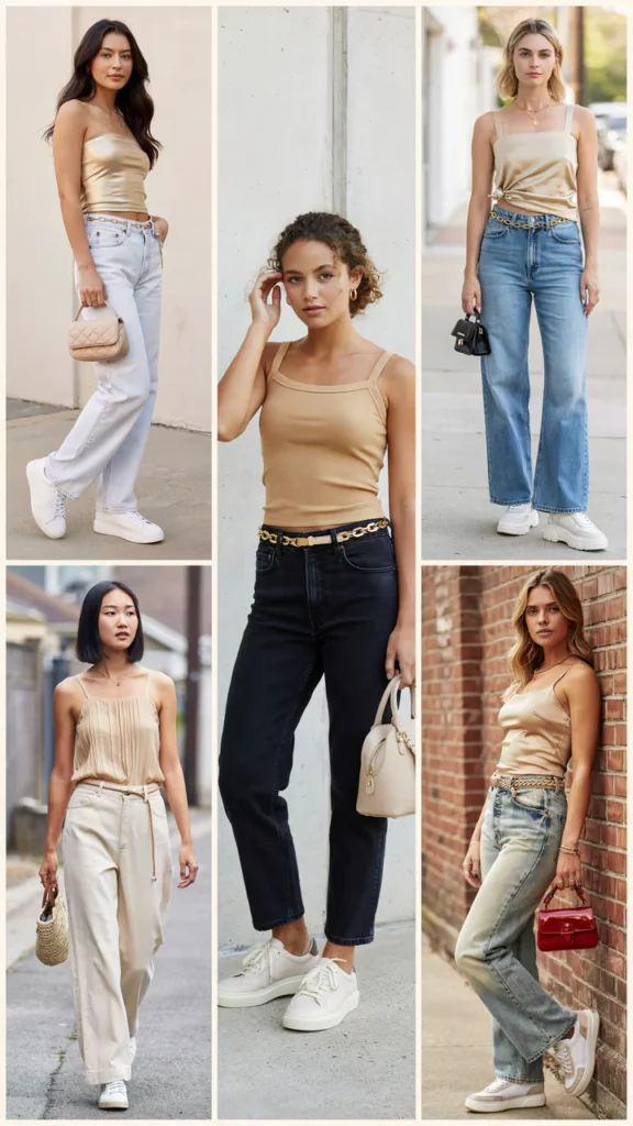 Gold Tube Top with Wide-Leg Jeans