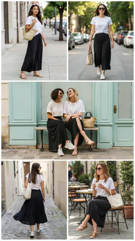 White T-Shirt with Black Maxi Skirt