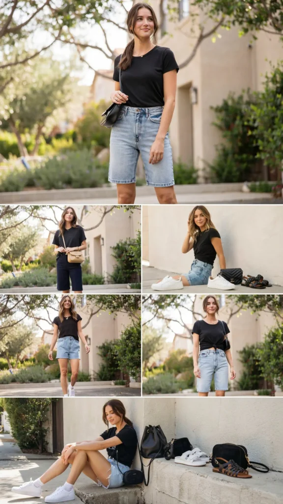 Simple Black T-Shirt with Denim Bermuda Shorts