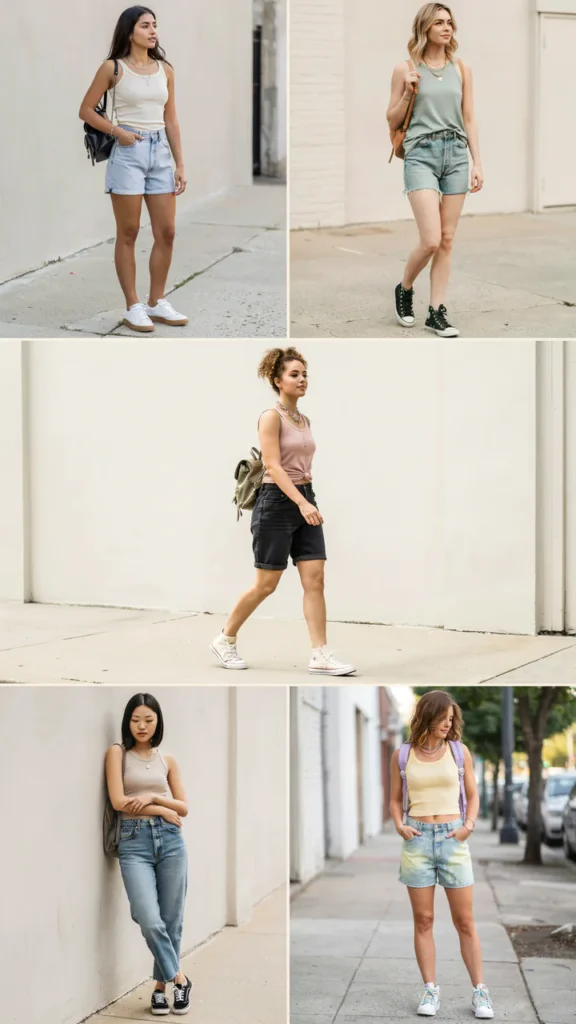 Ribbed Tank Top with Baggy Jeans Shorts