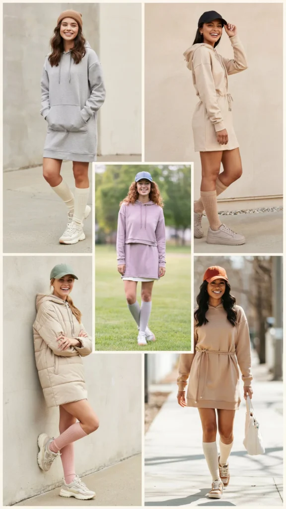 12. Neutral Hoodie Dress with Tall Socks