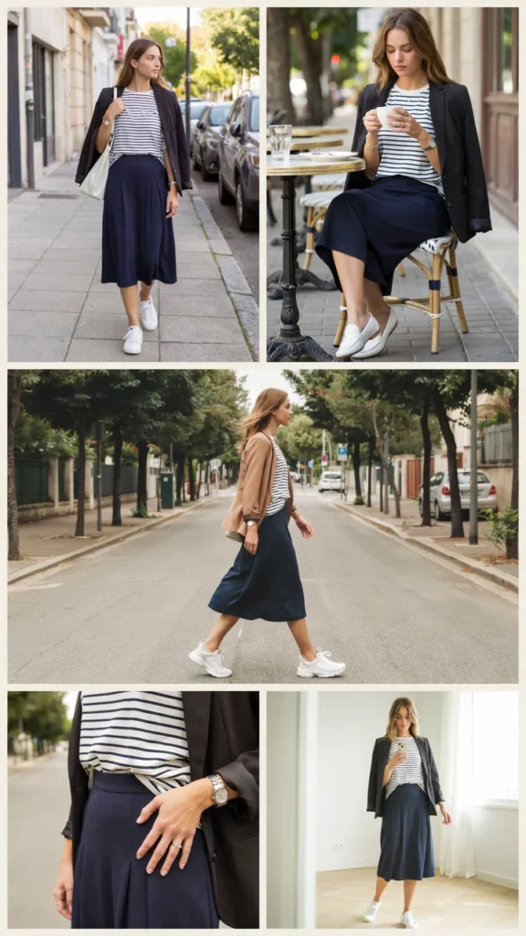 Striped T-Shirt with a Navy Midi Skirt