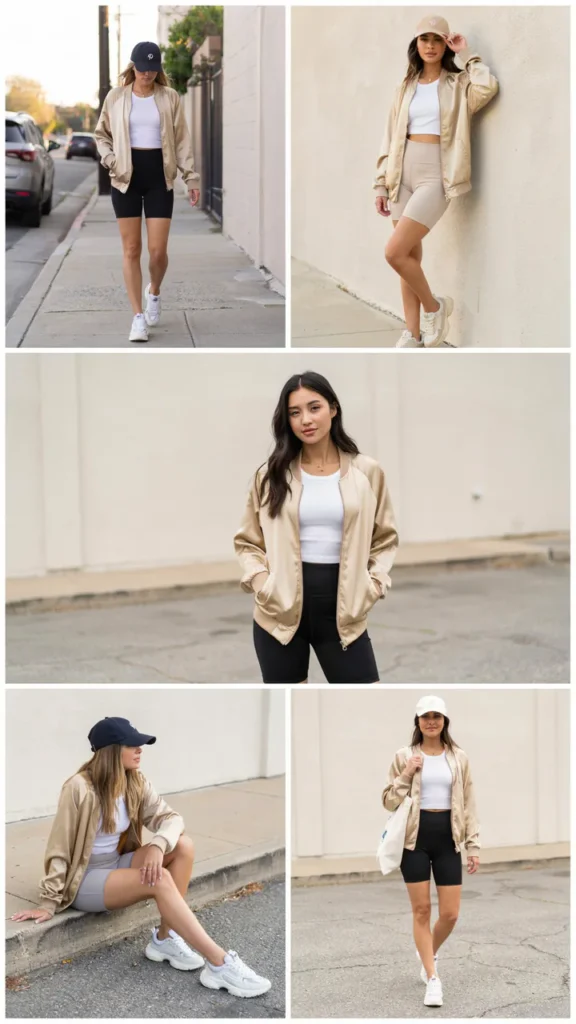 Gold Satin Bomber Jacket with Bike Shorts