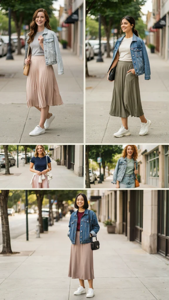 Date-Night Baseball Outfit with Midi Skirt