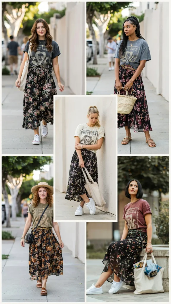 Graphic Tee with Flowy Maxi Skirt