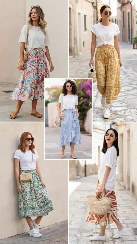 White T-Shirt with Flowy Printed Skirt