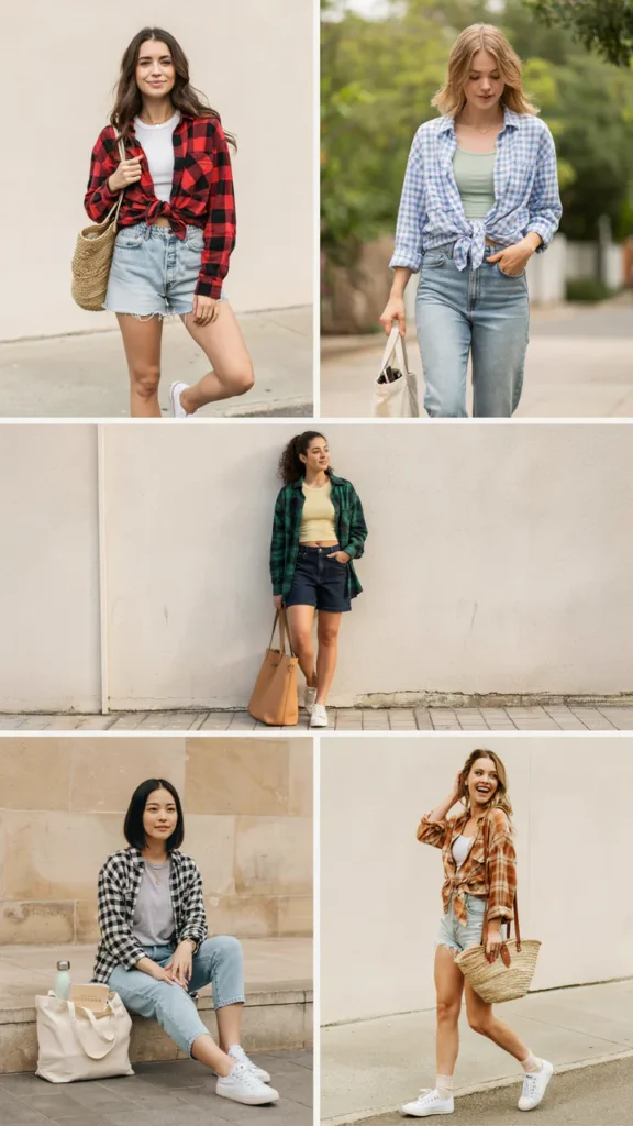 Plaid Shirt with Crop Top and Denim Shorts