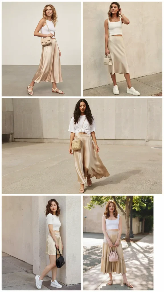 Gold Satin Skirt with White Crop Top
