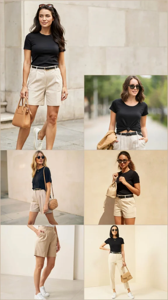 Black T-Shirt with Beige Tailored Shorts