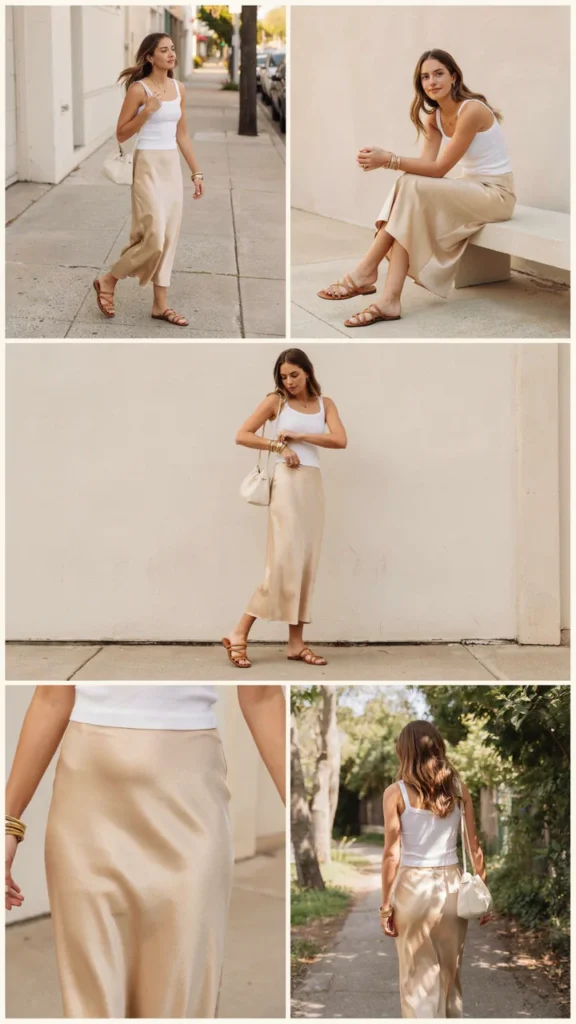 Gold Satin Skirt with White Tank Top