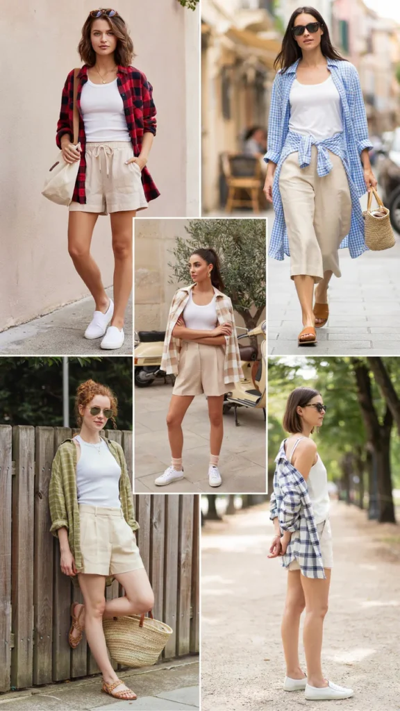 White Tank with Plaid Shirt and Linen Shorts