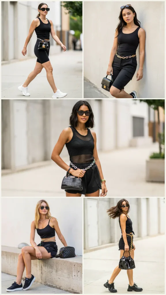 All-Black Tank, Shorts, and Statement Accessories
